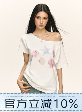 Ariseism 美式复古海星印花斜肩短袖T恤女夏季新款修身上衣