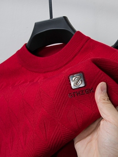 大红色男士毛衣加绒加厚2025新款蛇年本命年中年爸爸冬装保暖打底