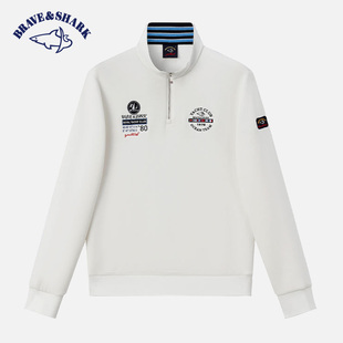 勇士鲨鱼高端品牌白色2025新款男士半拉链卫衣刺绣设计感立领上衣