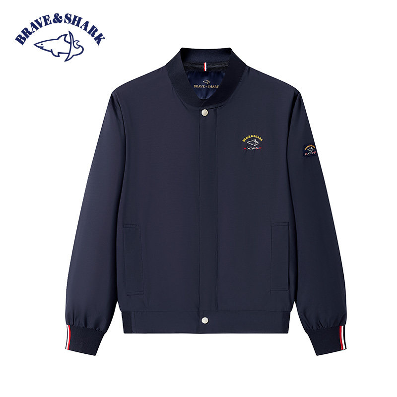 勇士鲨鱼25春秋款休闲棒球领夹克男款修身简约外套宝蓝色时尚年轻