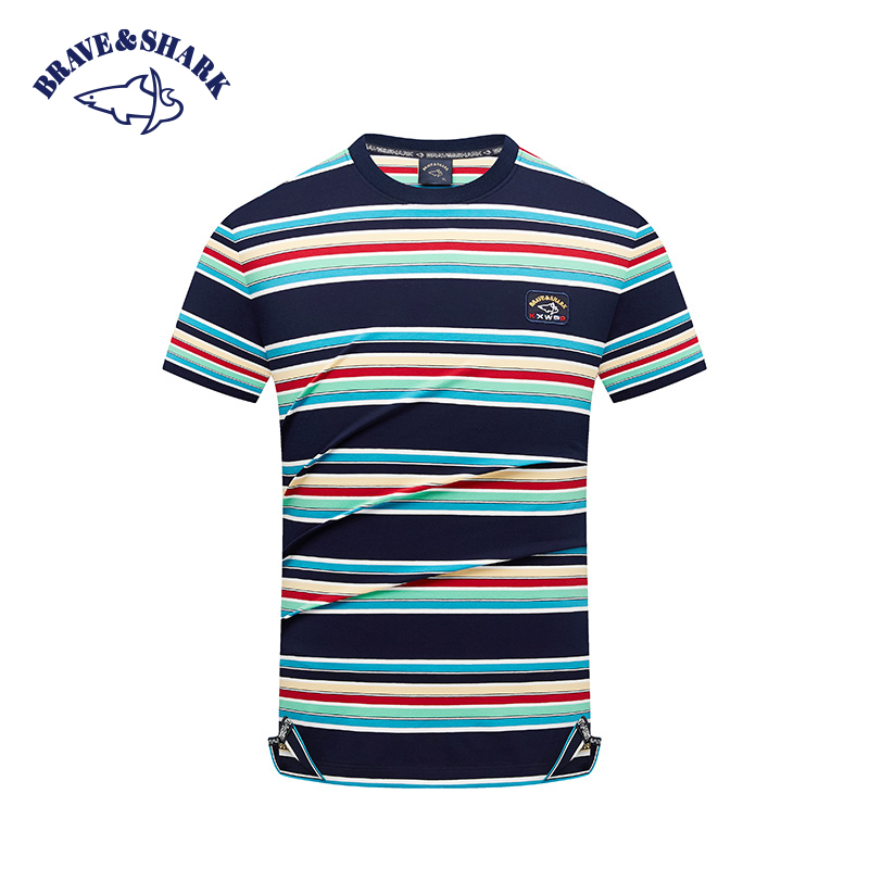 BRAVE&SHARK/勇士鲨鱼高奢新款短袖彩色条纹t恤衫男夏季休闲宽松
