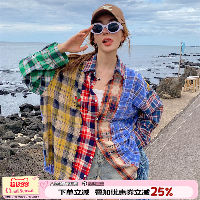 CLOUDSEASON拼接格子衬衫女春季新款设计感复古长袖宽松休闲外套