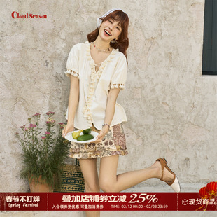 CLOUDSEASON波嬉旷野流苏上衣女时尚上衣洋气时髦减龄短袖上衣女