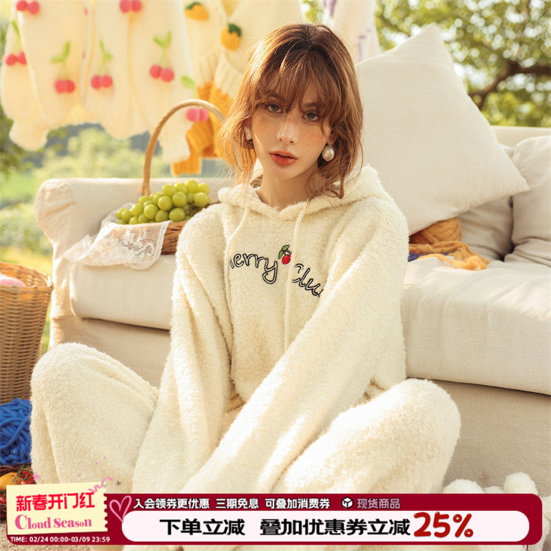 CLOUDSEASON刺绣毛绒上衣2026新款春季卫衣加绒连帽时尚百搭女款