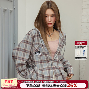 CLOUDSEASON连帽复古格子衬衫外套女2026初春新款小个子休闲上衣