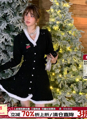 CLOUDSEASON毛边樱桃毛衣裙v领新年红色连衣裙春秋甜美小个子穿搭