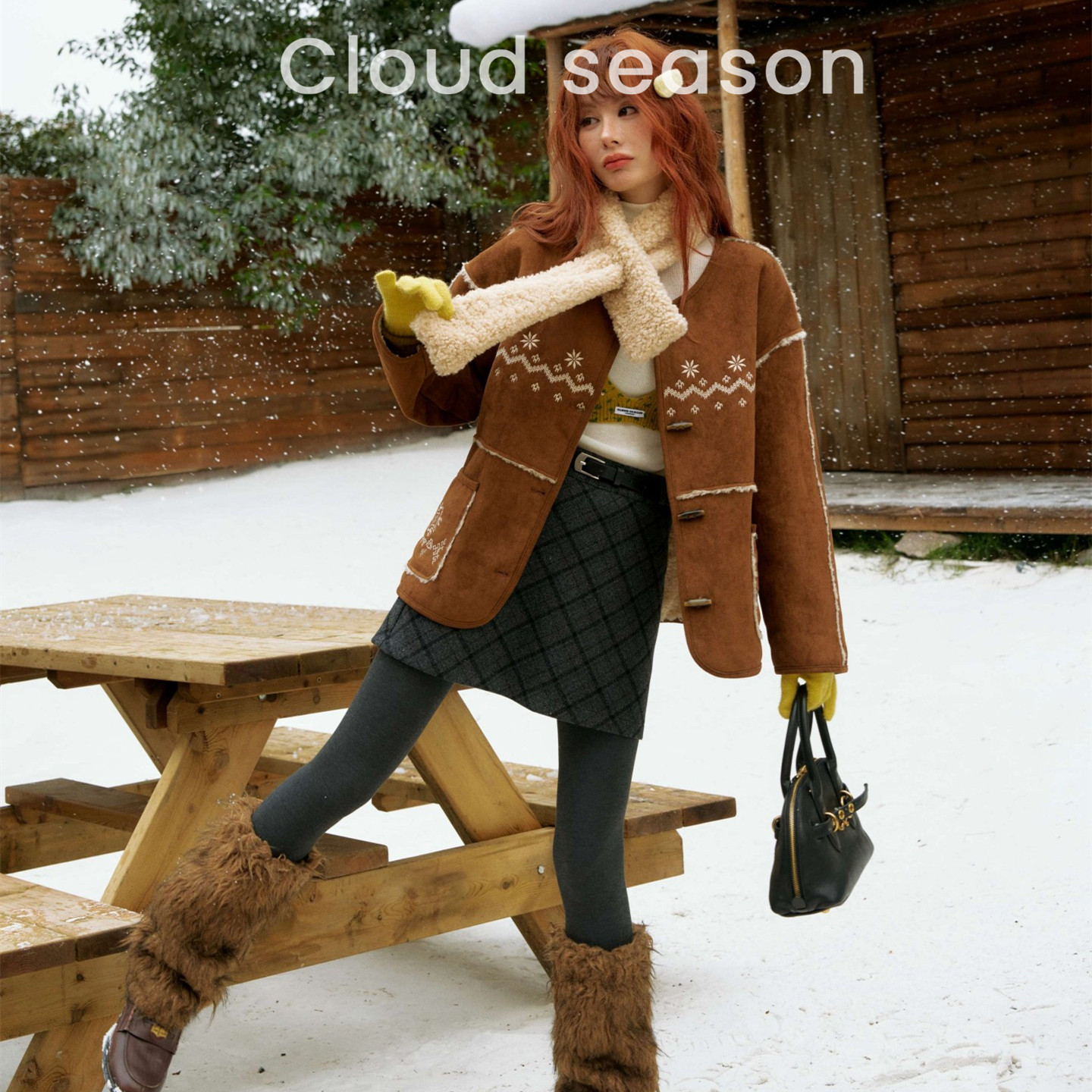 CLOUDSEASON冬日摩洛哥外套复古撞色线条费尔岛风氛围感附带围巾