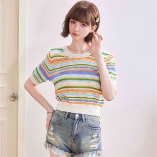 短款 曾黎同款 爆款 CLOUDSEASON彩虹条套头衫 上衣女2025夏天新款