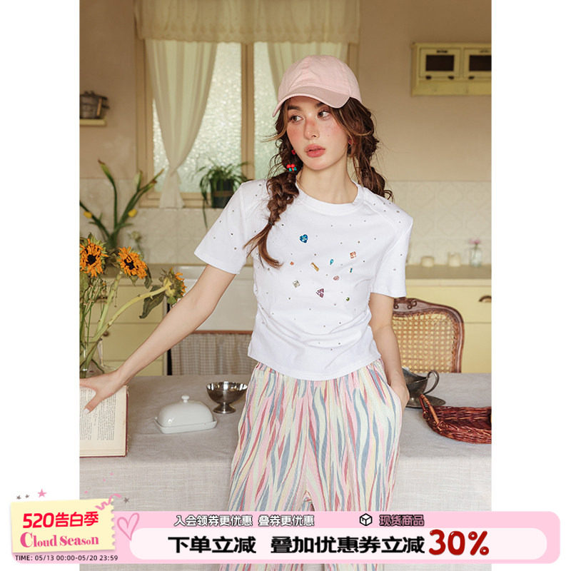 CLOUDSEASON圆领彩钻t恤女夏新款短袖短款上衣法式气质设计感小众