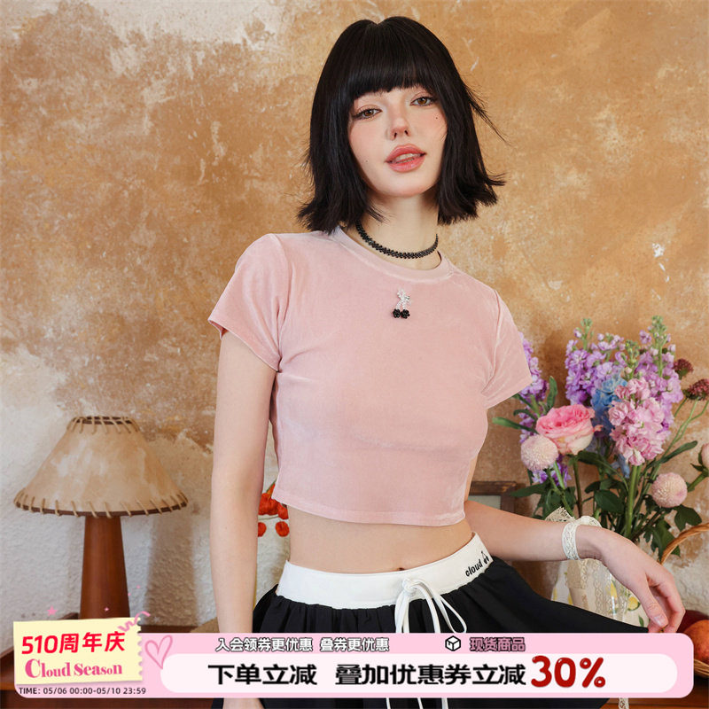 CLOUDSEASON弹力网纱短袖t恤女2026新款小个子甜辣修身短款设计感
