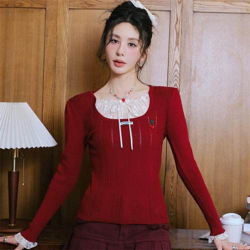 法式蕾丝爆款修身软糯上衣云朝