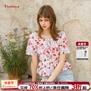 CLOUDSEASON夏花物语花上衣女夏短袖女上衣夏薄款轻奢高级感
