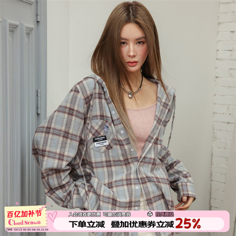 CLOUDSEASON连帽复古格子衬衫外套女2026初春新款小个子休闲上衣