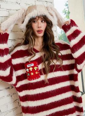 希林娜依高同款 cloudseason条纹长袖毛衣2025冬女红色条纹毛衣女