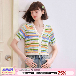 短袖 CLOUDSEASON彩虹条纹针织开衫 夏季 2025新款 外套女薄款