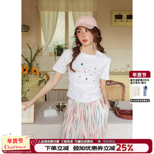 CLOUDSEASON圆领彩钻t恤女夏新款短袖短款上衣法式气质设计感小众