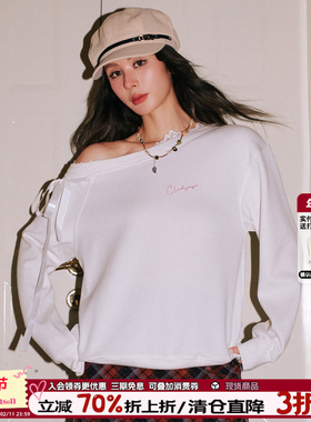 CLOUDSEASON蕾丝一字肩卫衣2025冬露肩上衣设计感上衣女长袖上衣