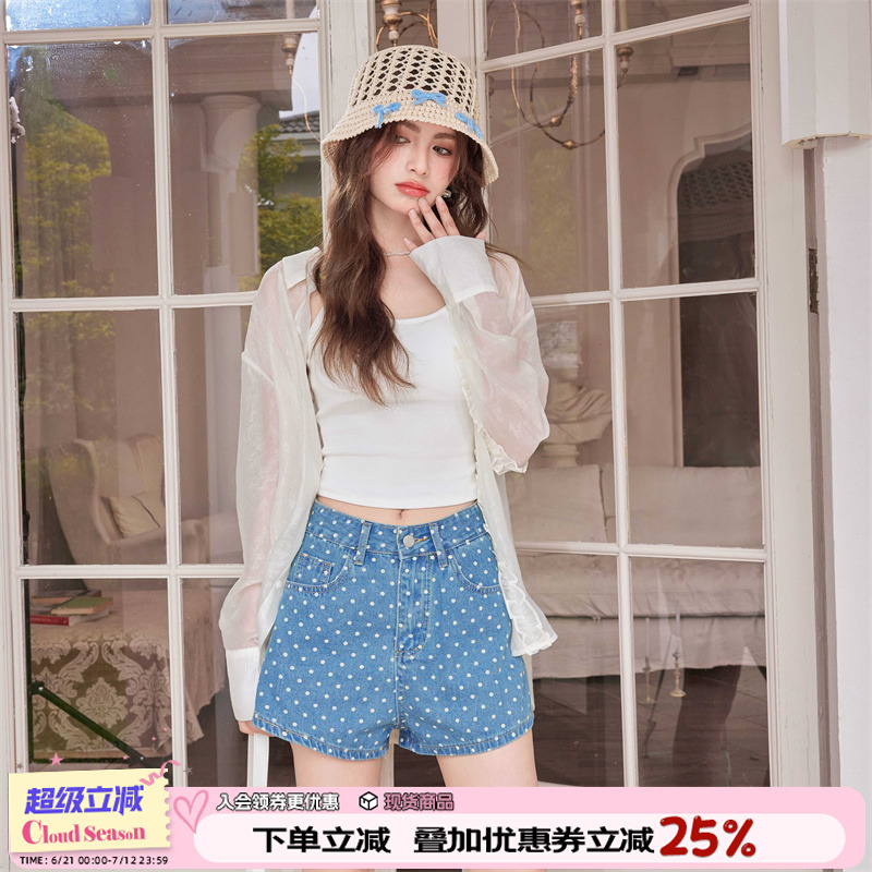 CLOUDSEASON圆点牛仔短裤2025夏季新款蓝色直筒裤休闲裤子女