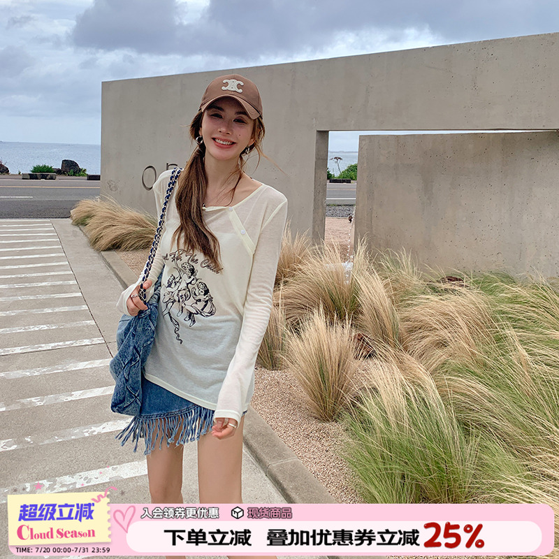 CLOUDSEASON天使T恤长袖女上衣修身百搭外穿2025初秋新款时尚休闲