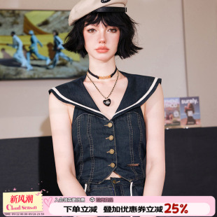 女式 小个子短款 无袖 薄款 夏季 CLOUDSEASON海军领牛仔马甲2025新款