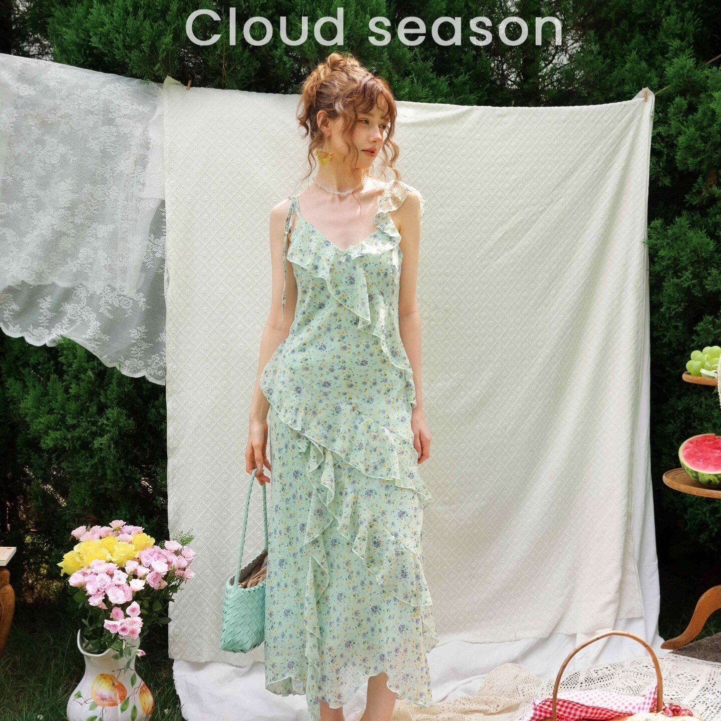 CLOUDSEASON绿花谷连衣裙女2026新款夏吊带连衣裙法式连衣裙夏女 - 实物图