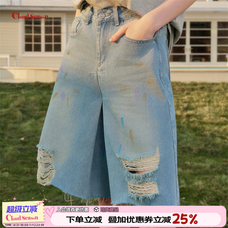 CLOUDSEASON涂鸦彩色做旧五分裤女夏薄款2025新款牛仔五分裤女