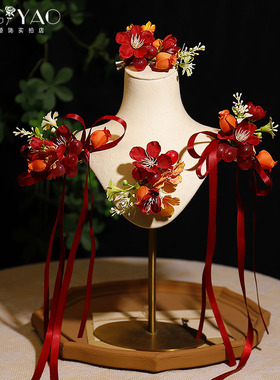 2025新品森系红色仿真葡萄绿植边夹套装新娘飘带蝴蝶结清新发饰品