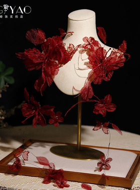 复古新款仙气手工酒红色绢纱花朵羽毛边夹灵气新娘头饰敬酒服发饰