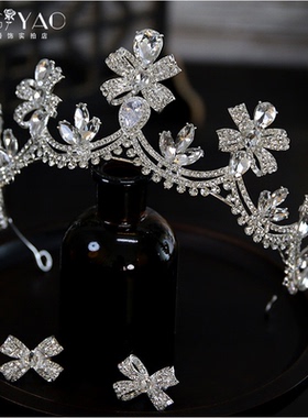 韩式新款高级感简约蝴蝶结甜美新娘皇冠头饰结婚跟妆王冠头冠发饰