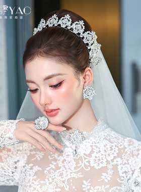 新娘头饰重工满钻气质大皇冠水晶项链耳环三件套婚纱配饰新娘发饰