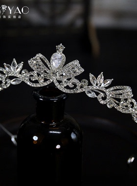 简约小巧锆石蝴蝶结皇冠新娘礼服头饰宴会生日走秀公主王冠发饰品