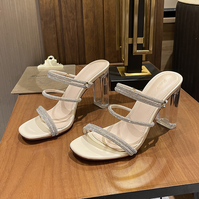 水钻网红高跟鞋一字带两穿小码拖鞋水晶跟大码41 42 43罗马凉鞋女