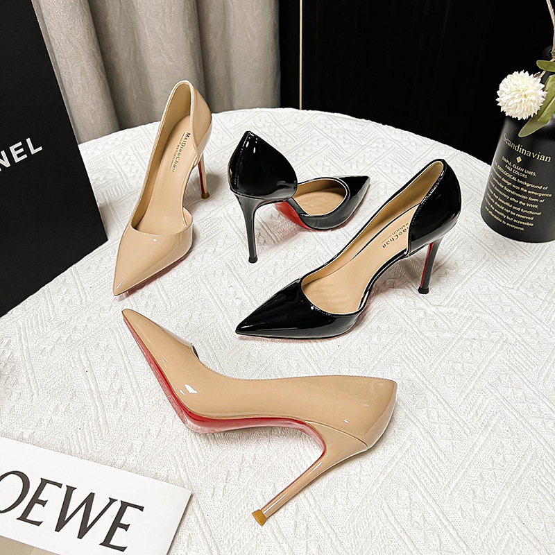 法式红底侧空尖头高跟鞋女细跟秋冬浅口性感气质百搭轻奢高级感