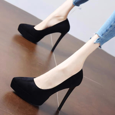 欧洲站红底黑色高跟鞋女细跟性感气质防水台超高单鞋厚底12cm公分