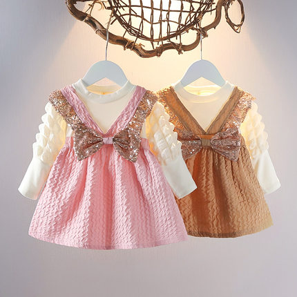 女宝宝0-3岁连衣裙韩版春秋季新款女童假两件婴幼儿1长袖洋气裙子