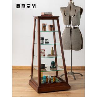 美式 复古实木玻璃展示柜带锁扣灯带可移动万向轮手办盲盒陈列柜子