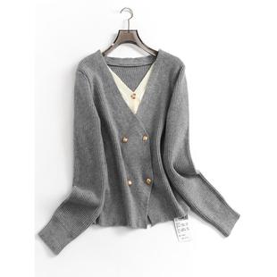 毛衣 百搭女装 V746撞色假两件双排扣套头针织毛线衣春秋冬新款 长袖