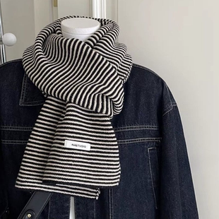 围巾女生冬新款条纹针织围脖韩系氛围感百搭高级感情侣保暖配大衣