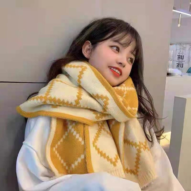 围巾女生高级感2025新款冬季双面百搭保暖加厚毛线针织格子围脖潮