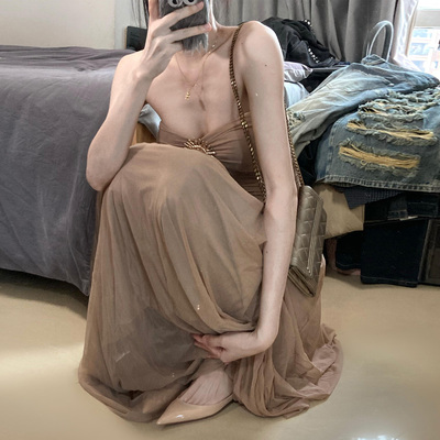 性感辣妹气质覆古镂空无袖抹胸洋装独特漂亮网纱拼接收腰礼服裙