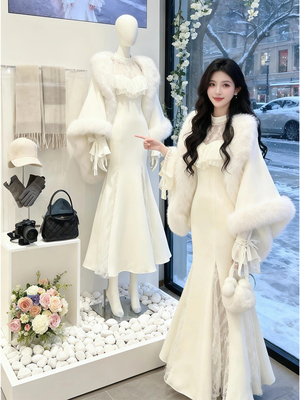 富家千金小洋装套装绝美巨好看蕾丝拼接连衣裙斗篷外套两件套25冬