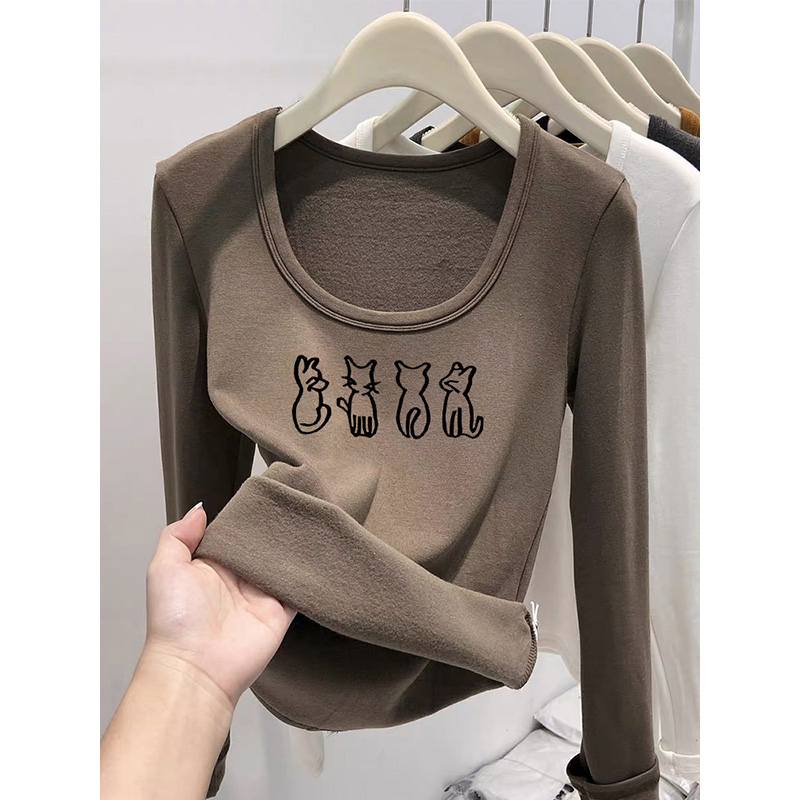 时尚百搭辣妹正肩U领长袖T恤女