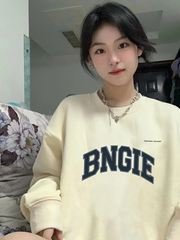 圆领加绒加厚高初中生杏色卫衣女2022新款秋冬原创设计感小众无帽