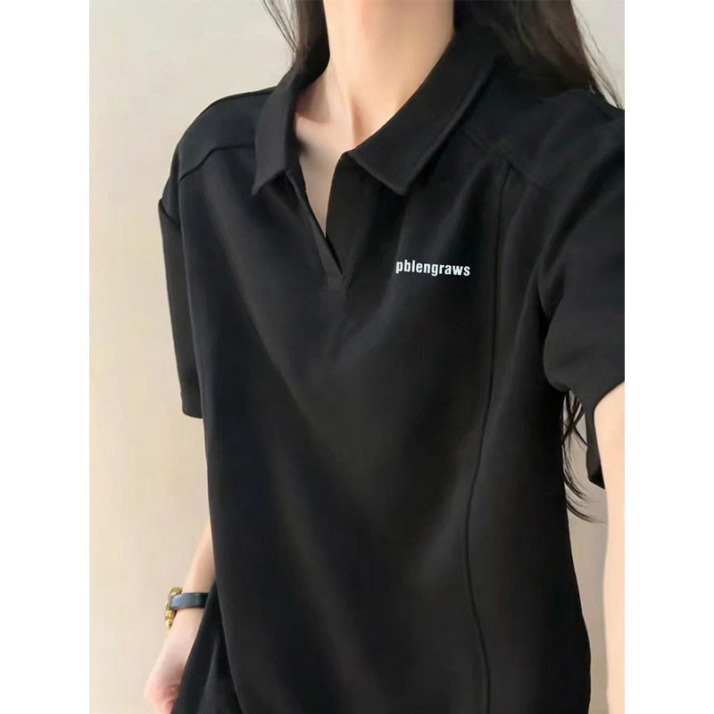 美式复古黑色短袖女Polo领上衣欧货大版中长款宽松显瘦T恤打底衫