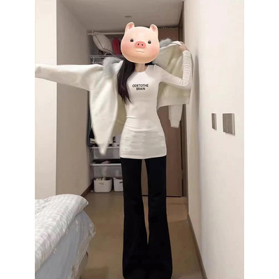 白色正肩长袖T恤女秋冬磨毛圆领