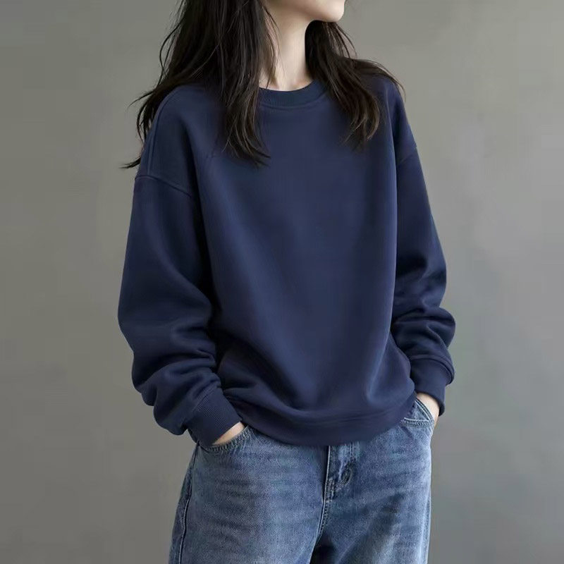 通勤风圆领薄款卫衣女秋冬休闲百搭宽松长袖加绒加厚无帽外套上衣