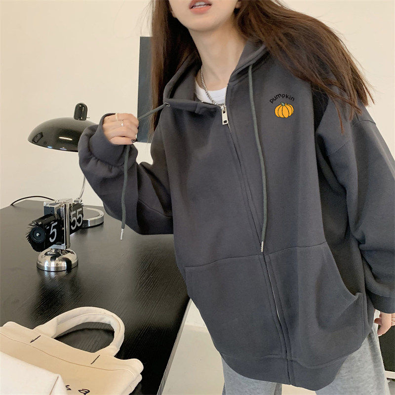 连帽卫衣开衫外套女2022秋冬新款韩版宽松显瘦中长款加绒拉链上衣