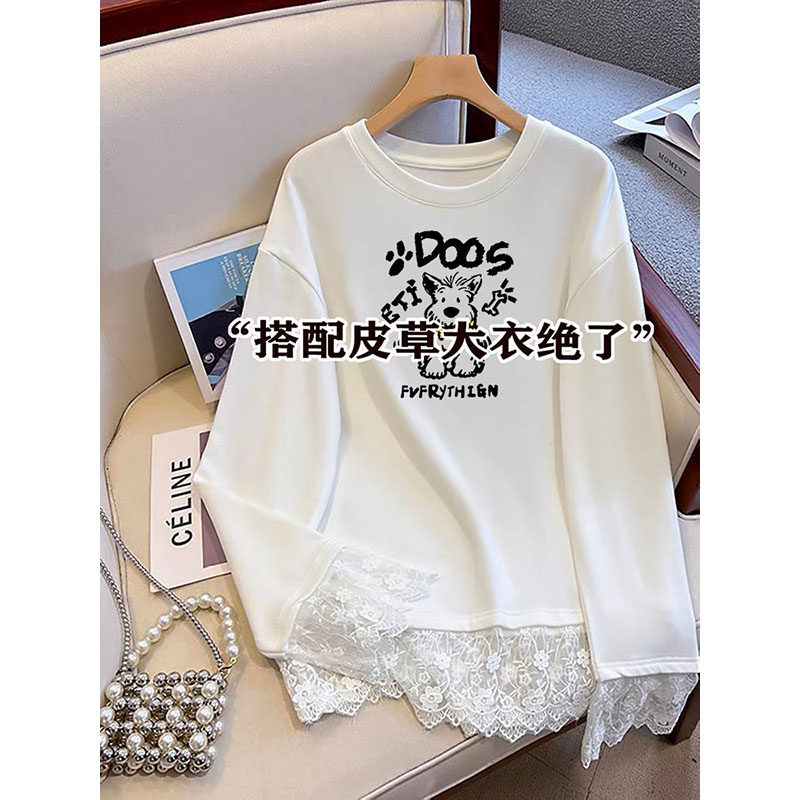 韩版减龄蕾丝拼接长袖T恤女秋冬
