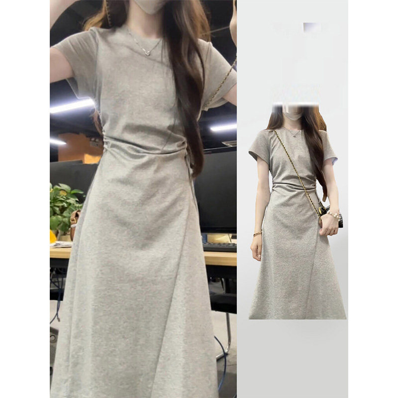 韩版chic纯色短袖连衣裙女夏季2024新款设计感系带收腰显瘦长裙子