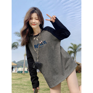 原宿风宽松显瘦长袖T恤女秋冬磨毛内搭纯棉打底衫中长款遮肉上衣